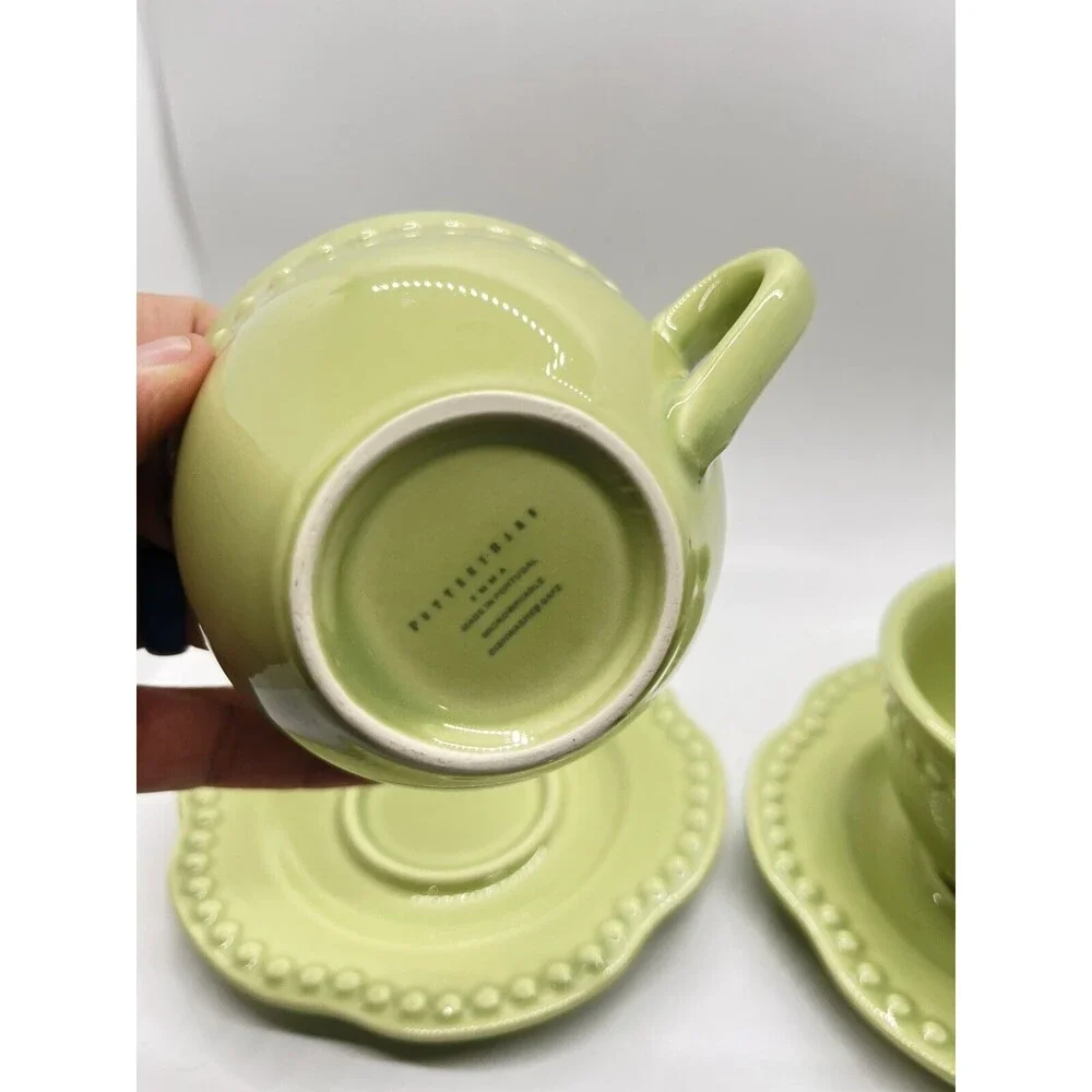 SET OF 2 POTTERY BARN EMMA GREEN BEADED CUP & SAUCER SETS PORTUGAL